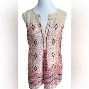 WESTON Anthropologie Cream Aztec Print Boho Chic Tank Top + Cream Lace Small